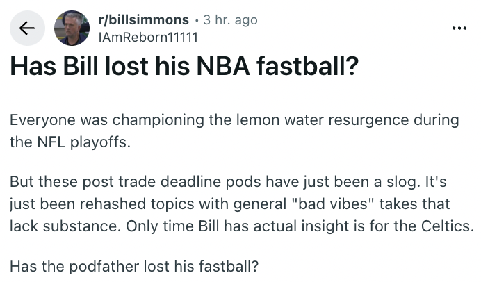 The r/BillSimmons Podcast tweet media