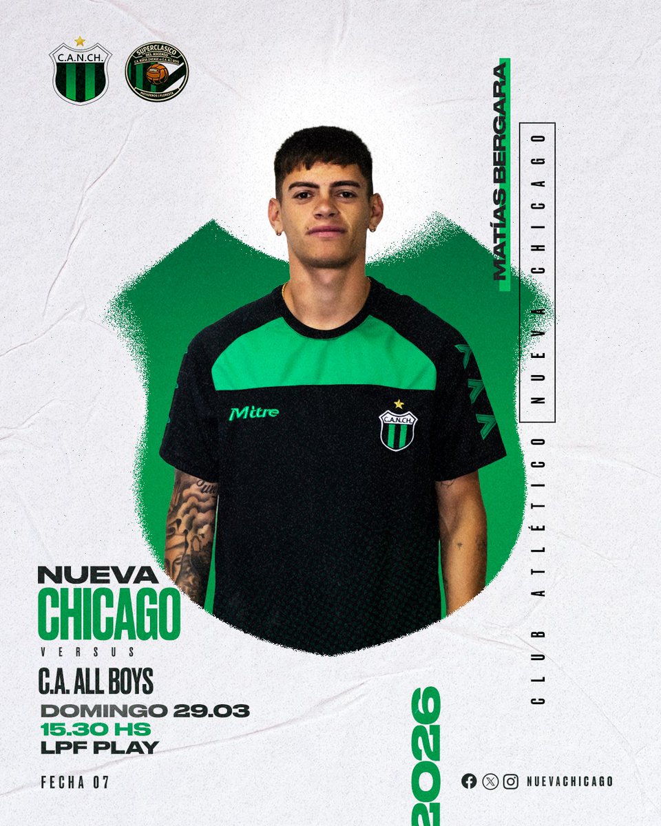 🏆 𝗣𝗿𝗶𝗺𝗲𝗿𝗮 𝗡𝗮𝗰𝗶𝗼𝗻𝗮𝗹 2026 | ⚽ Fecha 7

🆚 Club Atlético All Boys
🗓 Domingo 29 de marzo
🕣 15:30
🏟 Estadio Nueva Chicago 
⚖ Juan Pafundi
📺 LPF Play
🎙️ Chicago Streaming