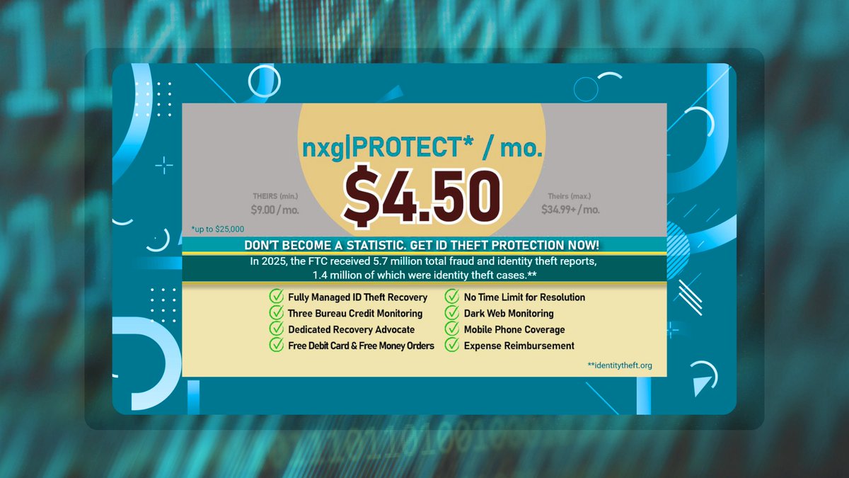 Keeping members’ info safe goes way beyond education &amp; know-how. nxg|PROTECT is a great option to help mitigate ID Theft &amp; fraud. This coverage provides end-to-end risk solutions &amp; it’s only $4.50/mo. if you have one of our 3 PLUS Checking accounts. bit.ly/3QX76oE