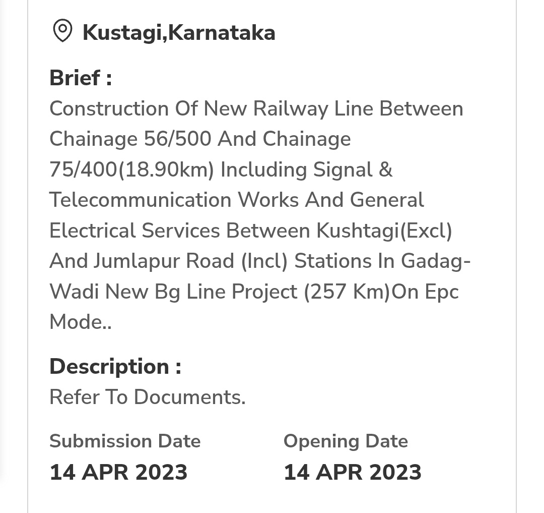 HospetRailUsers's tweet photo. Update:TALKAL-WADI new railway line 
*Talkal-kushtagi=54kms completed&amp; opened already
* Wadi-shorapur=68kms work in progress
* Kushatagi-Jumlapur road=20kms  construction tender called in 2023
*Now Tender called for Jumlapur road -Gurgunta=60kms
*Pending 54kms Gurgunta-shorapur. https://t.co/TpSZM9diQz