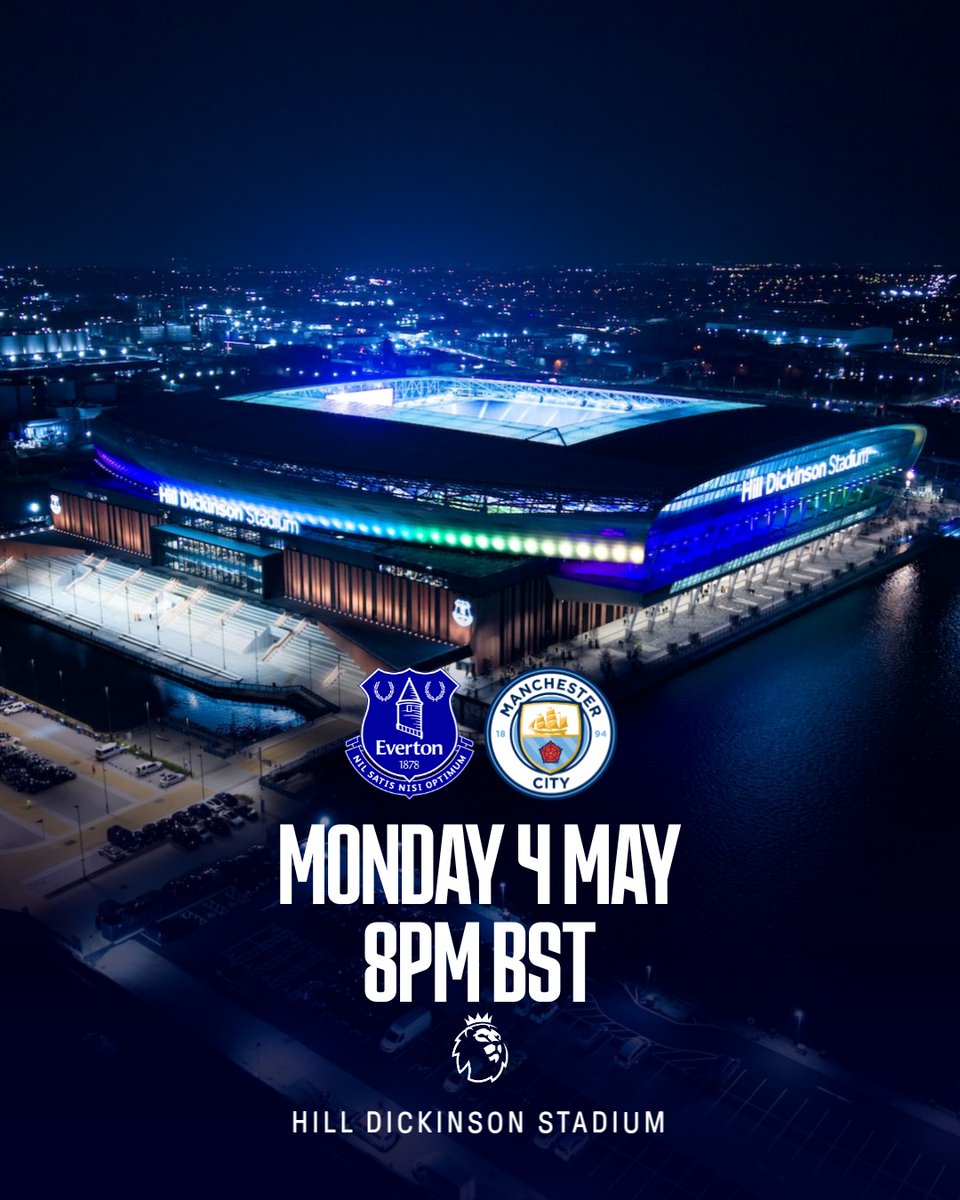 Everton's tweet photo. Our home fixture against Manchester City will now take place on Monday 4 May after being selected for live television broadcast. 🔵