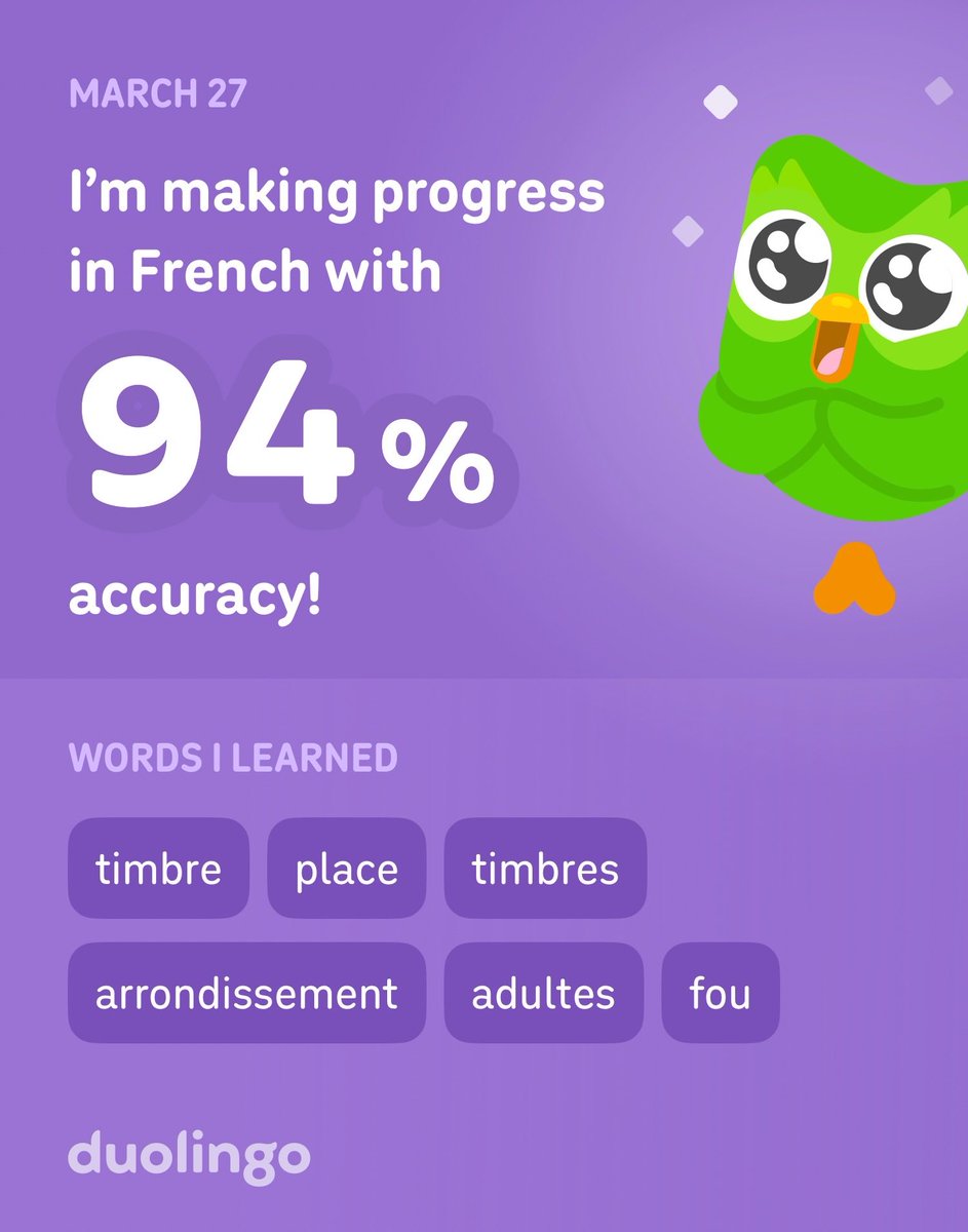 Ardilol's tweet photo. I’m learning French on Duolingo! It’s free, fun, and effective. https://t.co/d0mQCGRvm4