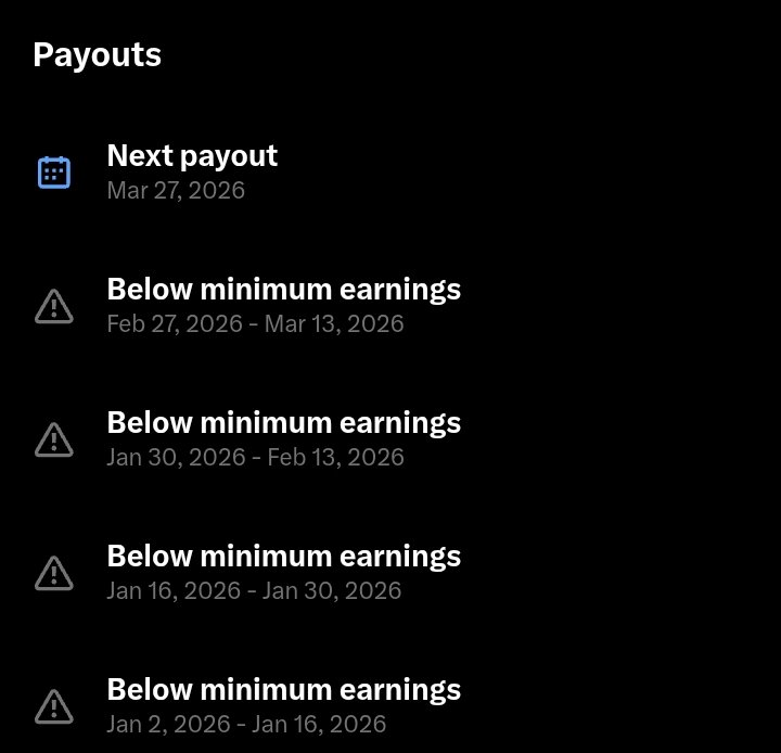Arham0x_eth's tweet photo. Payout Update

For the past few cycles my earnings are still below the minimum threshold From Jan to March, multiple periods ended up as Below Minimum Earnings.

Next payout: March 27, 2026

Yeah it’s a bit frustrating but honestly it’s pushing me to level up 

🌿Learning that consistency + engagement really matters
🌿Focusing more on better content, higher reach and building a real audience

🌿Small progress > No progress
Maybe not today but soon I’m not stopping

If you’re in the same situation keep going we’ll get there
 @River4fun  @riv