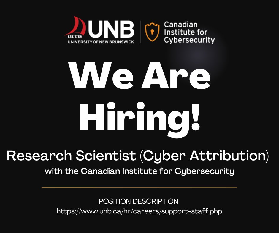 cic_unb's tweet image. 🌐 We’re Hiring! Research Scientist (Cyber Attribution)

📍 Fredericton, NB | Full-Time | 3-Year Term
💼 Canadian Institute for Cybersecurity
📅 Closing Date: April 9, 2026 at 4:00 PM

Apply here: jobs.careerbeacon.com/details/resear…

#NowHiring #CareerOpportunity #JobOpening #JoinOurTeam