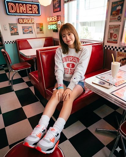 rina_kicks's tweet photo. アメリカンダイナーでレトロポップ🇺🇸🍔
ヴィンテージのカレッジスウェットを、デニムホットパンツでボトムレス風に着たよ！

足元は絶対に合わせたかった、Nike Air Max 90👟✨
このビビッドな赤が最強に可愛い🥤

みんなはこのスニーカー、どう思う？😏

#Nike #AirMax90 #AIart #スニーカー女子 https://t.co/3KHAYRsPw5