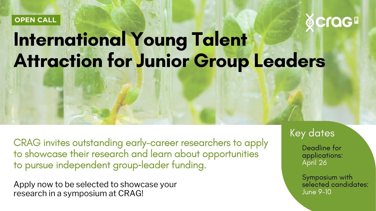 cragenomica's tweet image. 🌱 CRAG launches an international call for outstanding early‑career researchers!

We invite young scientists interested in starting their first independent research group at CRAG.

📅 Deadline: April 26
👉 Apply now: f.mtr.cool/iezhvnodih

#genomics #call #agbiotech