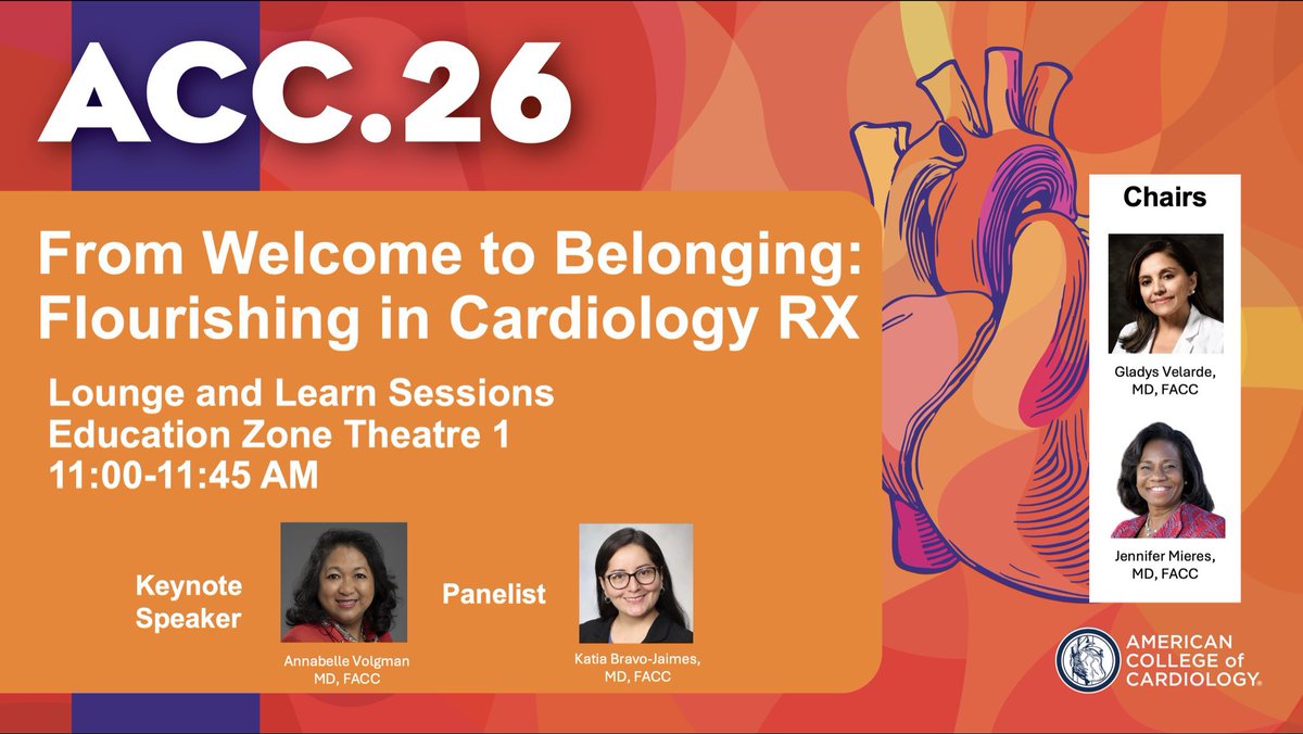 Bravo__MD's tweet image. Ready for #ACC26?

Looking forward to engage in this session along with @ggvela @DrJMieres and @avolgman 

From #Welcome to #Belonging: Flourishing in Cardiology RX

📆 #Sunday March 29
⏰ 11:00-11:45AM Central Time
📍 Education Zone Theatre 1

@CarlosVergaraMD @DrMarthaGulati