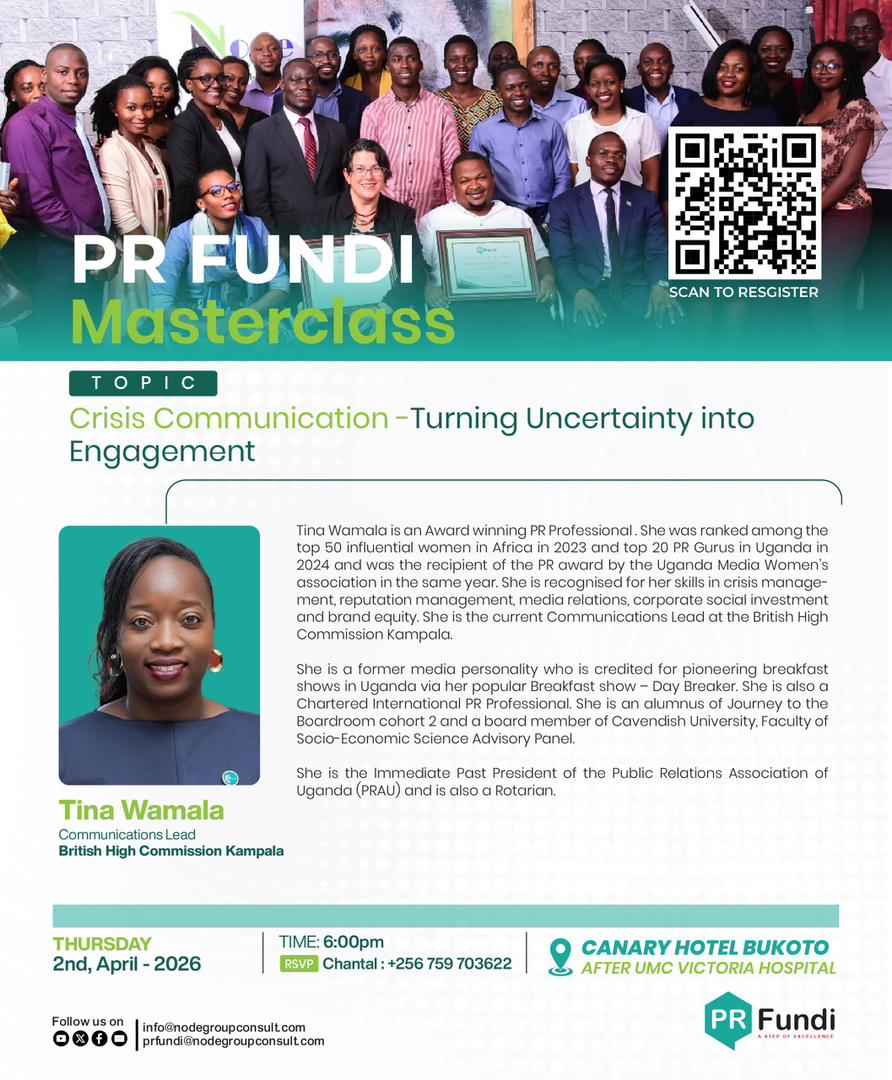 Node_Group's tweet photo. We are thrilled to welcome @tina_wamala , Communications Lead at the British High Commission Kampala, to the PR Fundi Masterclass as a panellist. 
Join us for the PR FUNDI Masterclass on Crisis Communication. 
📅 Thursday, 2nd April 2026
⏰Registration : https://t.co/DFfH1Z0Zgi https://t.co/WByGgVP2jj