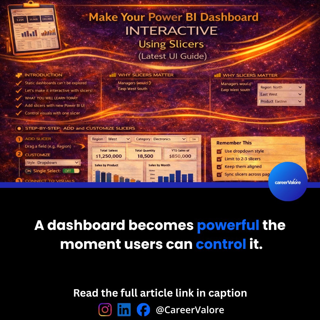 CareerValore's tweet image. Static dashboards are outdated.
If users can’t explore data themselves, the dashboard fails.
Learn how to use slicers in Power BI to build interactive reports that actually help in decision-making.
careervalore.com/blog/make-your…
Follow for daily Power BI learning.
#datanalytics #powerbi