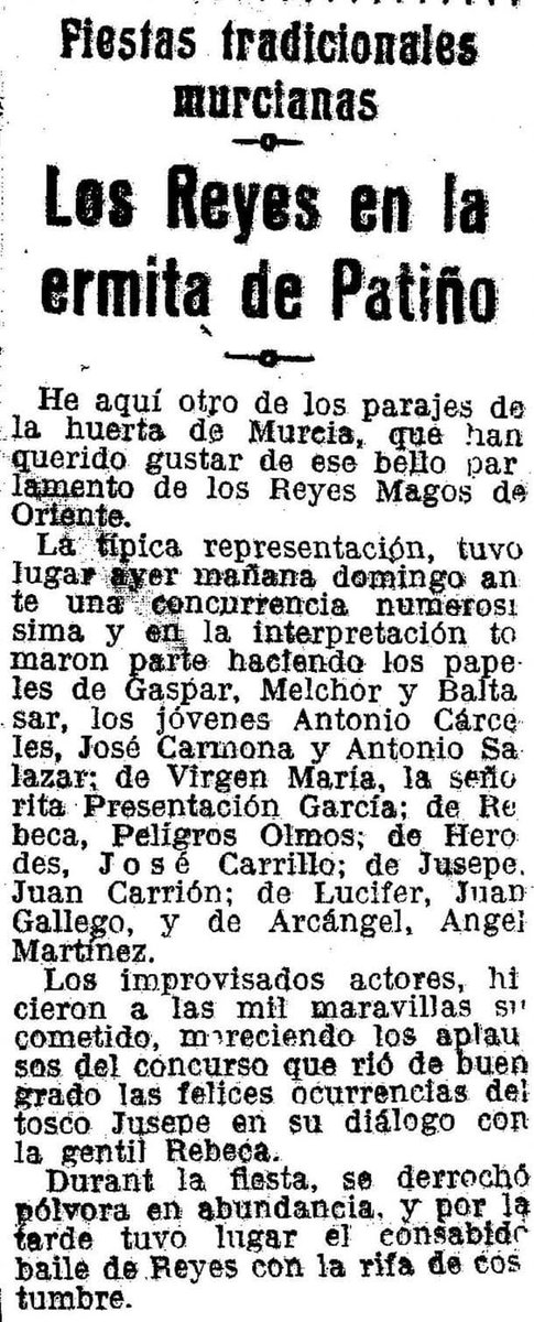 Históricamente, nuestra Hermandad ha participado en el Auto de Reyes Magos. En el día mundial del Teatro, recordamos a todos los que han colaborado de esta representación en la pedanía de Patiño (Murcia). 
Fuente: Hoja del Lunes. 16 de enero de 1950. Archivo Municipal de Murcia.
