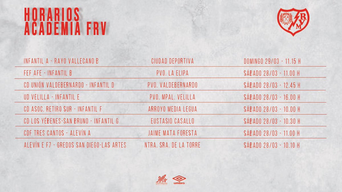 Rayo_academia's tweet image. 🗓️ ¡Así se presenta la última jornada de marzo para nuestra Academia #FRV! 💪

#VamosRayo