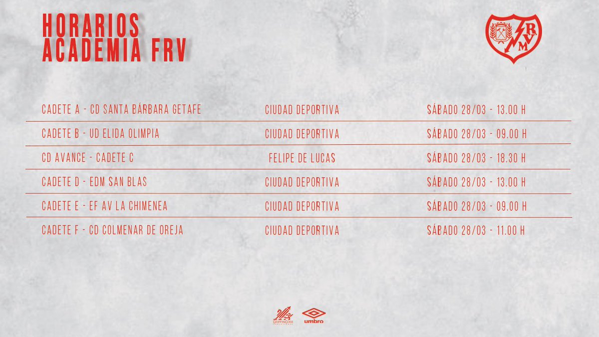 Rayo_academia's tweet image. 🗓️ ¡Así se presenta la última jornada de marzo para nuestra Academia #FRV! 💪

#VamosRayo