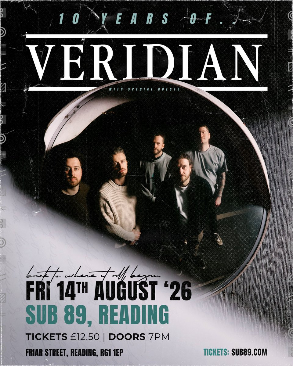 VeridianUK's tweet photo. 10 Year Anniversary Show.

Friday 14th August, join us. 
Supports TBC
Tickets - https://t.co/bBrWh11KwO

With love,
Simon, Robbie, Jonny, Zak, Stack https://t.co/ijJleMnqIv