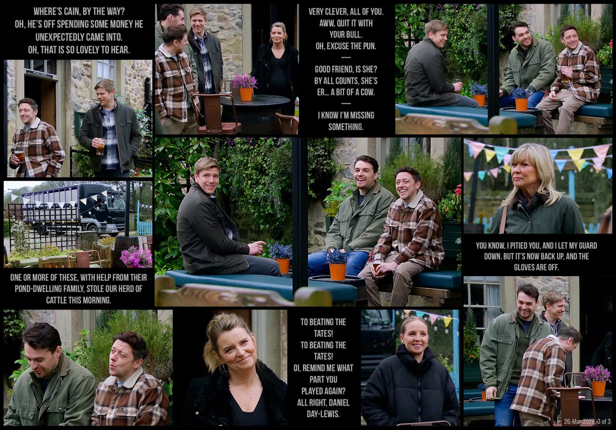 Bobbie_robron's tweet image. 26-Mar-2026, 3/3. Outside the pub. EJT and Kim realize they were conned by the Dingles who rejoice (w/Robert) in getting one over them. Fine… the gloves are off for Kim. #Robron #Soulmates #OTP #Robron2026EpSets