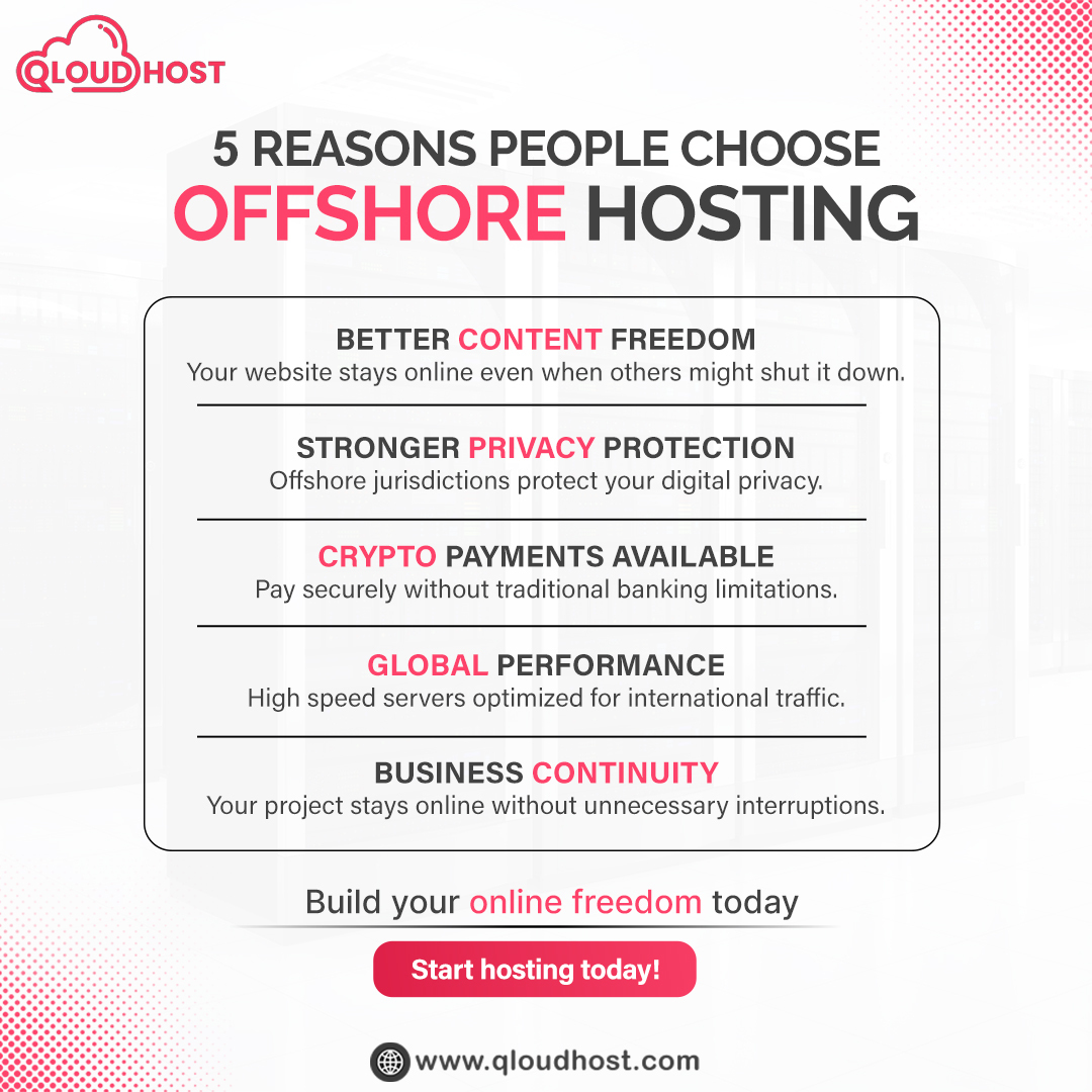 5 Reasons Why Smart Creators Choose Offshore Hosting

Still worried your website might get taken down overnight? You’re not alone.

👉 Build your online freedom today: qloudhost.com

#OffshoreHosting #WebHosting #DigitalFreedom #PrivacyMatters #QloudHost