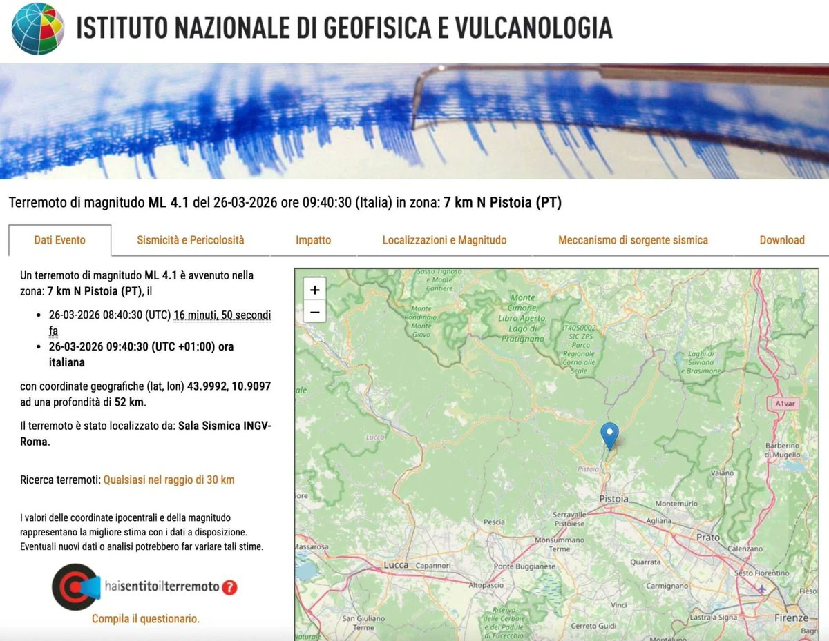 Secondo terremoto in 2 giorni scuote la Toscana: magnitudo 4.1 a nord di Pistoia, percepita fino a Firenze e Pescia. Giani: «Nessun danno, situazione monitorata». Redazione Greenreport segue gli sviluppi.
 tinyurl.com/3rpt366y