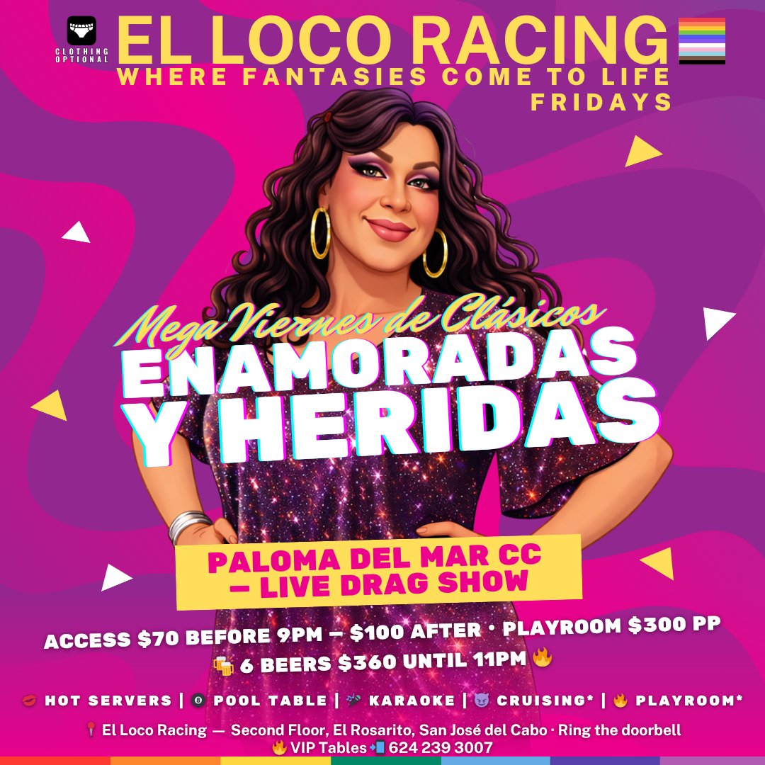 gaybajamx's tweet photo. 💔 Viernes de clásicos en El Loco Racing
🎭 Show + concursos
🎤 Karaoke
🍻 6 beers $360 until 11PM
🕕 Desde 6PM
Llegas temprano… y la noche cambia 😈
#BajaMen #CaboGayGuide https://t.co/4asiEvtCkC