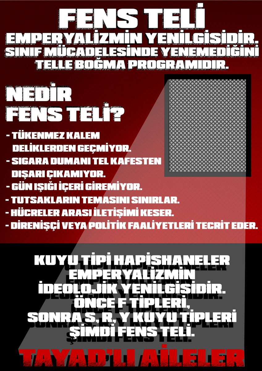 ho_kurtulus3094's tweet photo. 🔴Fens Teli Emperyalizmin Yenilgisidir.
🔴Sınıf Mücadelesinde Yenemediğini Telle Boğma Programıdır.
🟥Kuyu Tipi Hapishaneler ve Fens Teli Emperyalizmin İdeolojik Yenilgisidir!
TAYAD'lı Aileler (@8tayadli1986)
#TAYAD #ÖzgürTutsaklar
#KuyuTipleriKapatılsın https://t.co/gF75iiH5QU