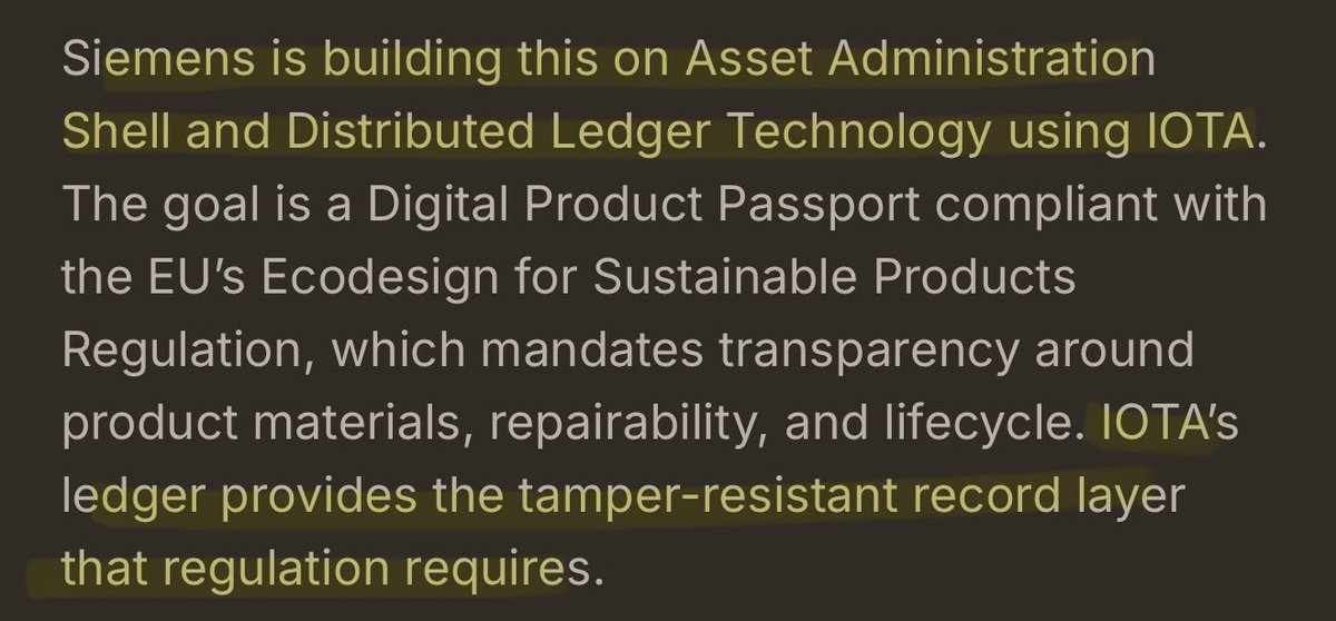 ‼️ MARCH 2026: IOTA IS BEING UTILIZED FOR SEMICONDUCTOR TRACEABILITY, NOT AS A SPECULATIVE ASSET‼️

“Siemens is building this on Asset Administration Shell and Distributed Ledger Technology USING IOTA.”🌐

“The Siemens deployment is a concrete example of the second track - a