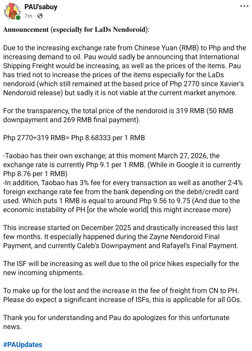 PAUsaBuy's tweet photo. #paUPDATES
Increase in prices and ISFs due to increasing RMB to PHP exchange rate and oil price hikes. https://t.co/EghmgkxDKC