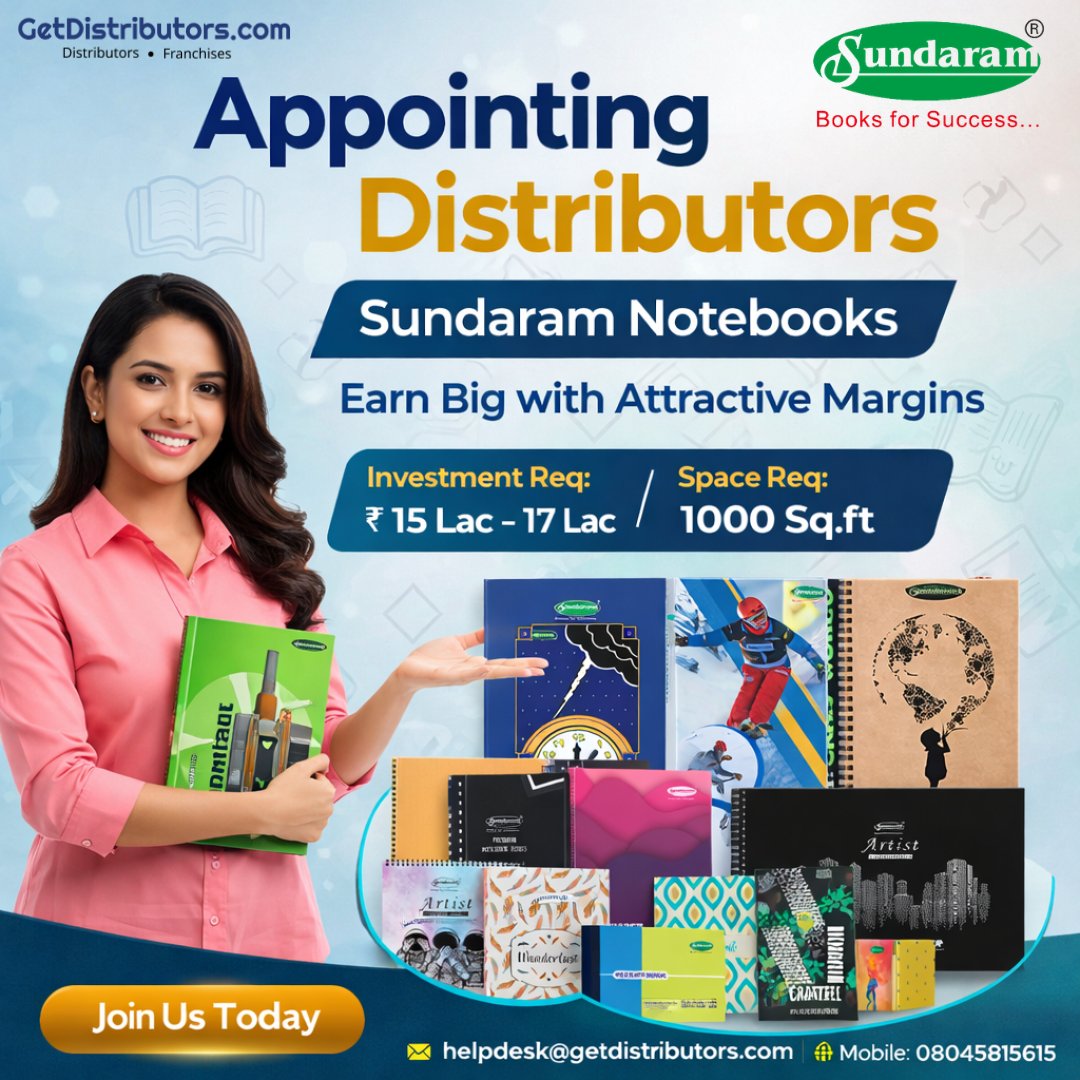 getdistributors's tweet image. We are appointing #Distributors for Sundaram Notebooks.
Brand 👉 #Sundaram
Details 👉 getdistributors.com/tiny/hDJz4m22M0

★Investment : ₹ 15 - 17 Lac
★industry leading incentive rates, returns and profit margins to associates

#SundaramMultiPapLimited #SundaramNotebooks #GetDistributors