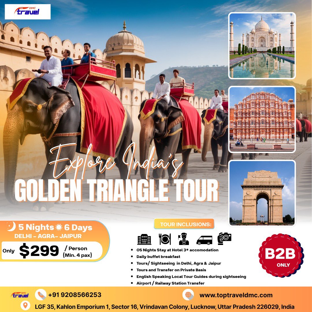 TopTravelDMC's tweet photo. From royal palaces to timeless wonders this Golden Triangle journey feels unforgettable 🕌✨

🏨 3 star hotel
🍳 breakfast
🚗 Private transfer
🗺️ Guided sightseeing
🐘 cultural experiences

📲 WhatsApp +919208566254
✨——✨

#GoldenTriangleTour #IndiaTravel #IncredibleIndia https://t.co/ROIZWxYn9i