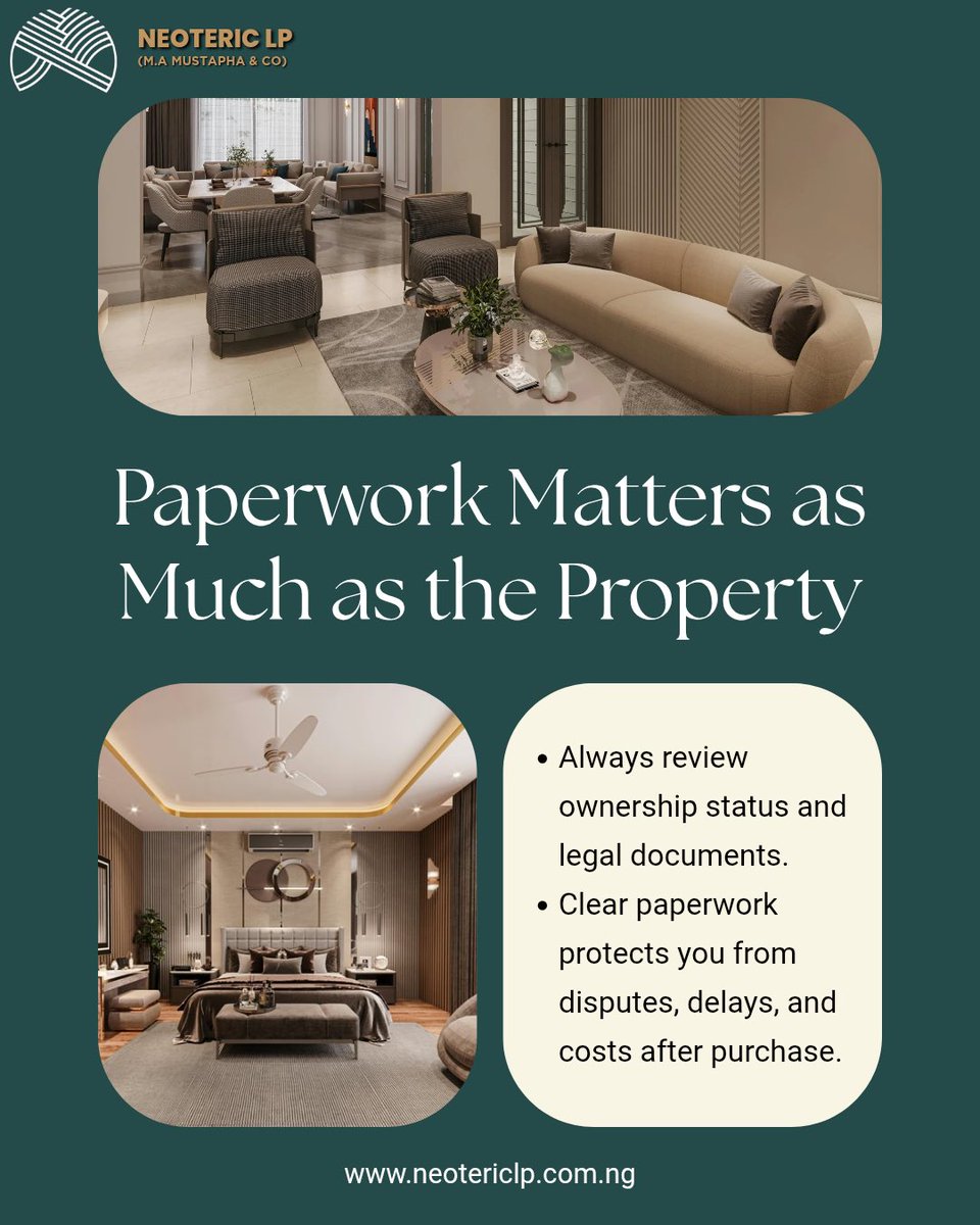 Neoteric_LP's tweet image. Paperwork matters just as much as the property itself.
Verify ownership. 
Review the documents. Protect your investment before you commit.

#InvestmentTips #SecureYourFuture #KnowTheLaw