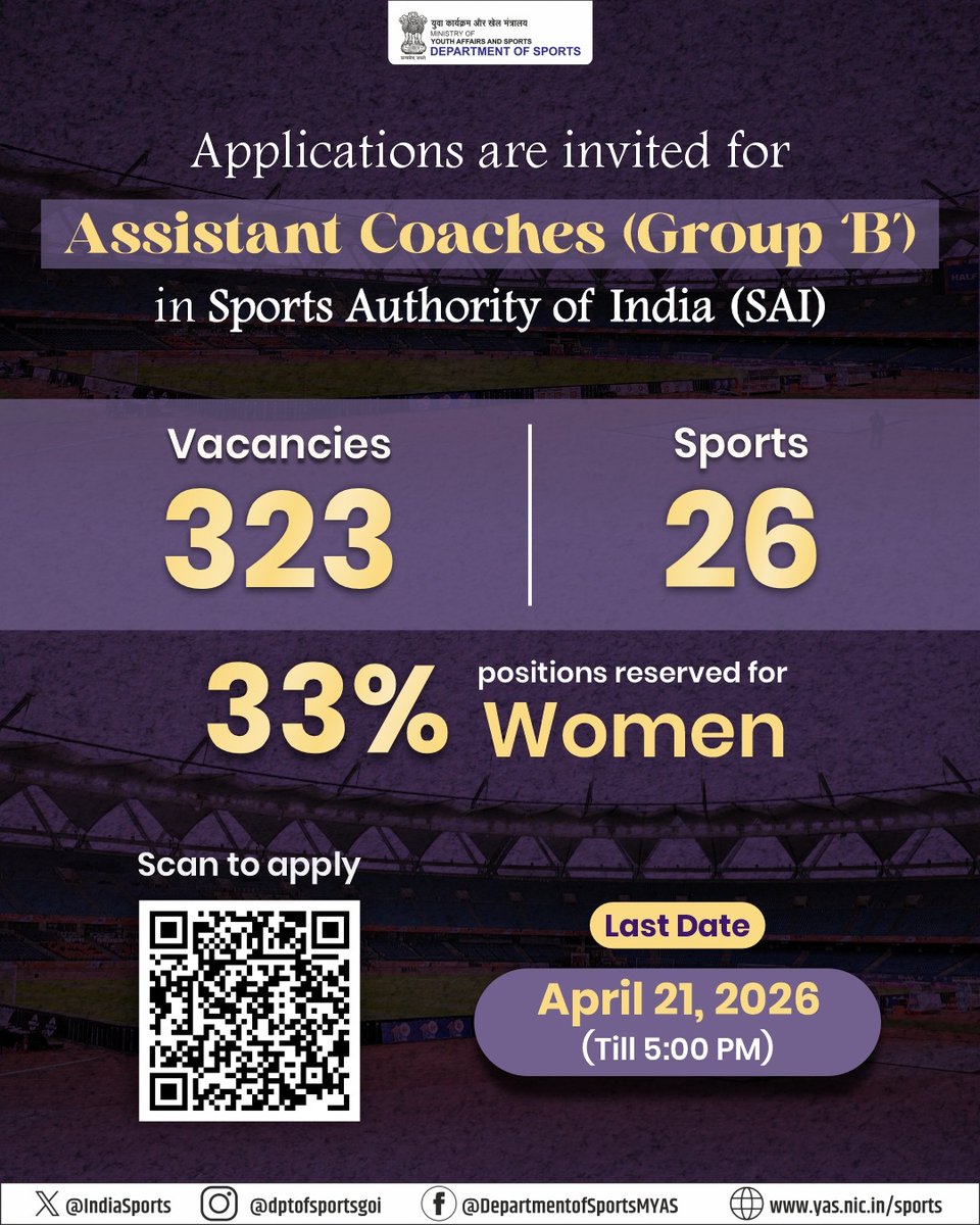Applications open for Assistant Coaches (Group ‘B’) at Sports Authority ...