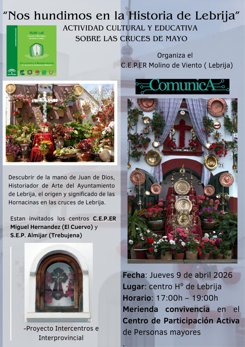 CEPdeSevilla591's tweet photo. El CEPER Molino de Viento organiza en su programa #Comunica la actividad intercentros e interprovincial "Nos hundimos en la historia de Lebrija". Se explicará el significado de las hornacinas de las Cruces de Mayo.¡Enhorabuena! @AyuntamLebrija @CEPdeSevilla
@ceplebrija @DGPeIE https://t.co/mRbKREu923