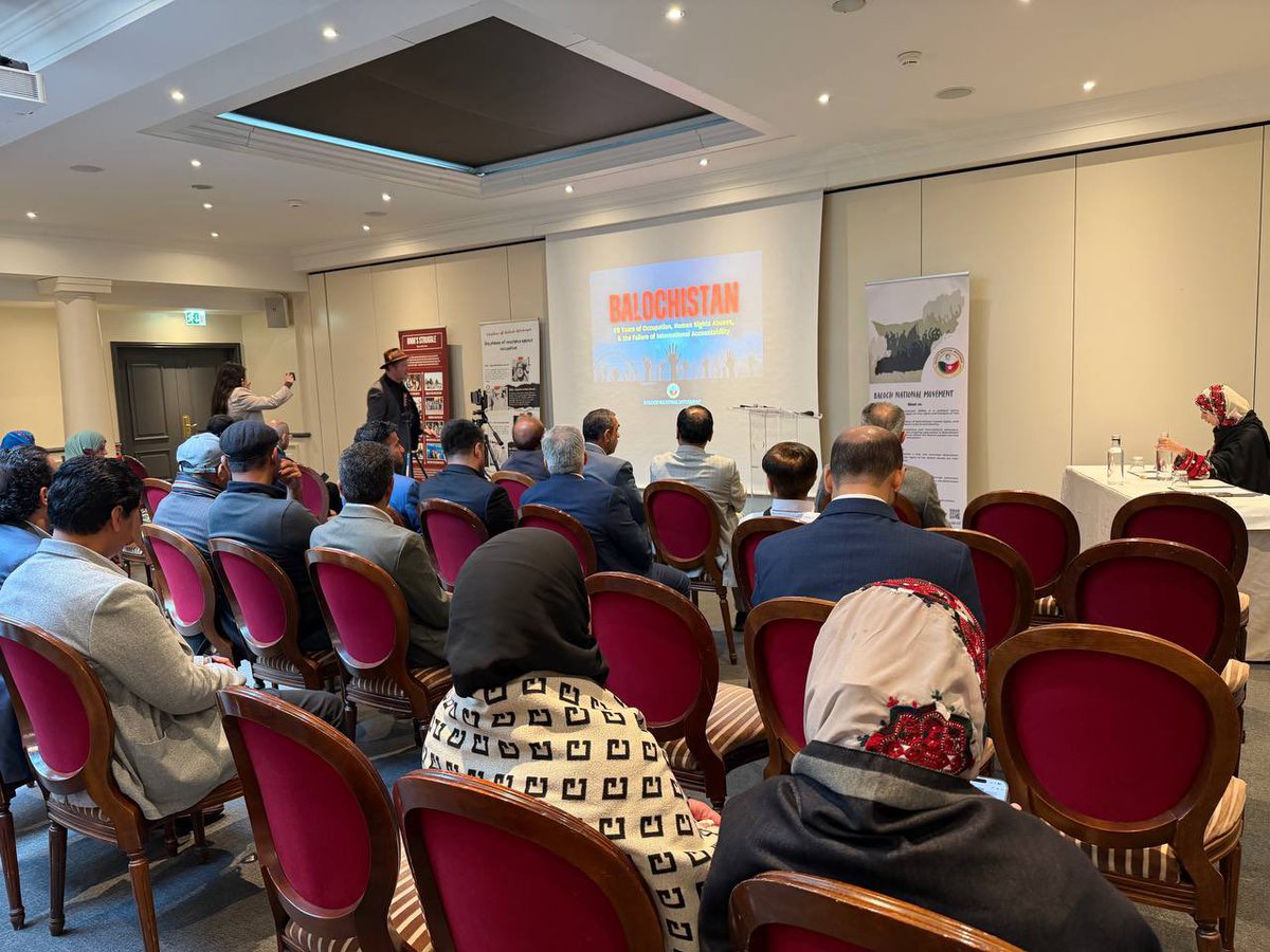 BNMovement_'s tweet photo. The Baloch National Movement’s 11th international conference is about to begin in Geneva, titled “Balochistan: 78 Years of Occupation, Human Rights Abuses, and the International Failure of Accountability.”

#BNMGlobalCampaign 
#27MarchBlackDay 
#StopBalochGenocide
#EndEnforcedDisappearances