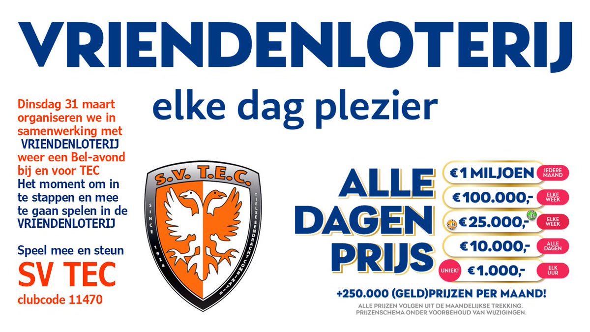 Help ons om een Pannaveld voor onze jeugd te realiseren door mee te gaan spelen in de <a href="/VriendenLoterij/">VriendenLoterij</a> Jij maakt maandelijks kans op fantastische prijzen tot wel € 1 miljoen!
Meer weten? svtec.nl/activiteiten/h…