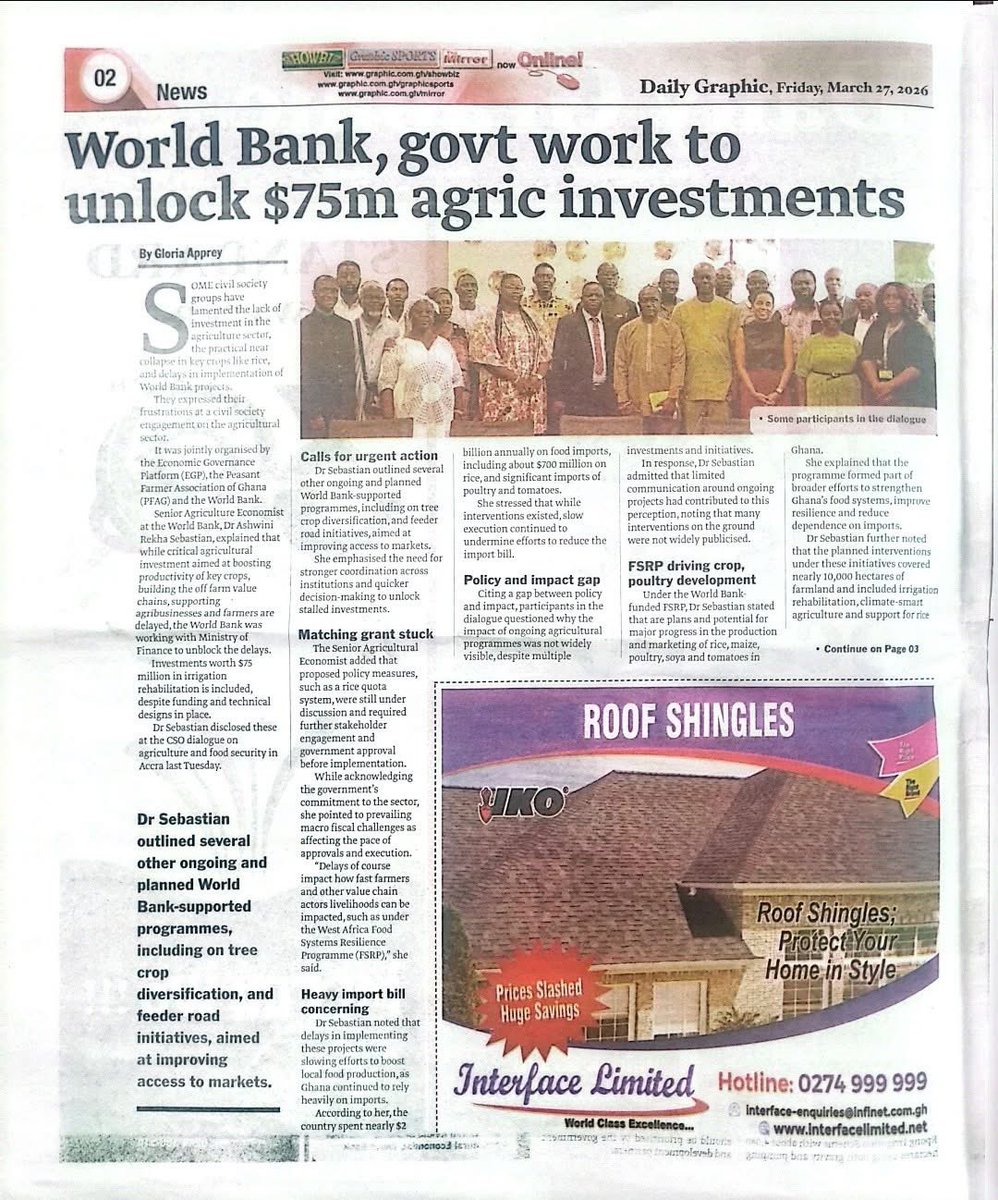 [Daily Graphic]
World Bank, govt work to unlock $75m agric investments 

>Front pg/pgs 2 &amp; 3