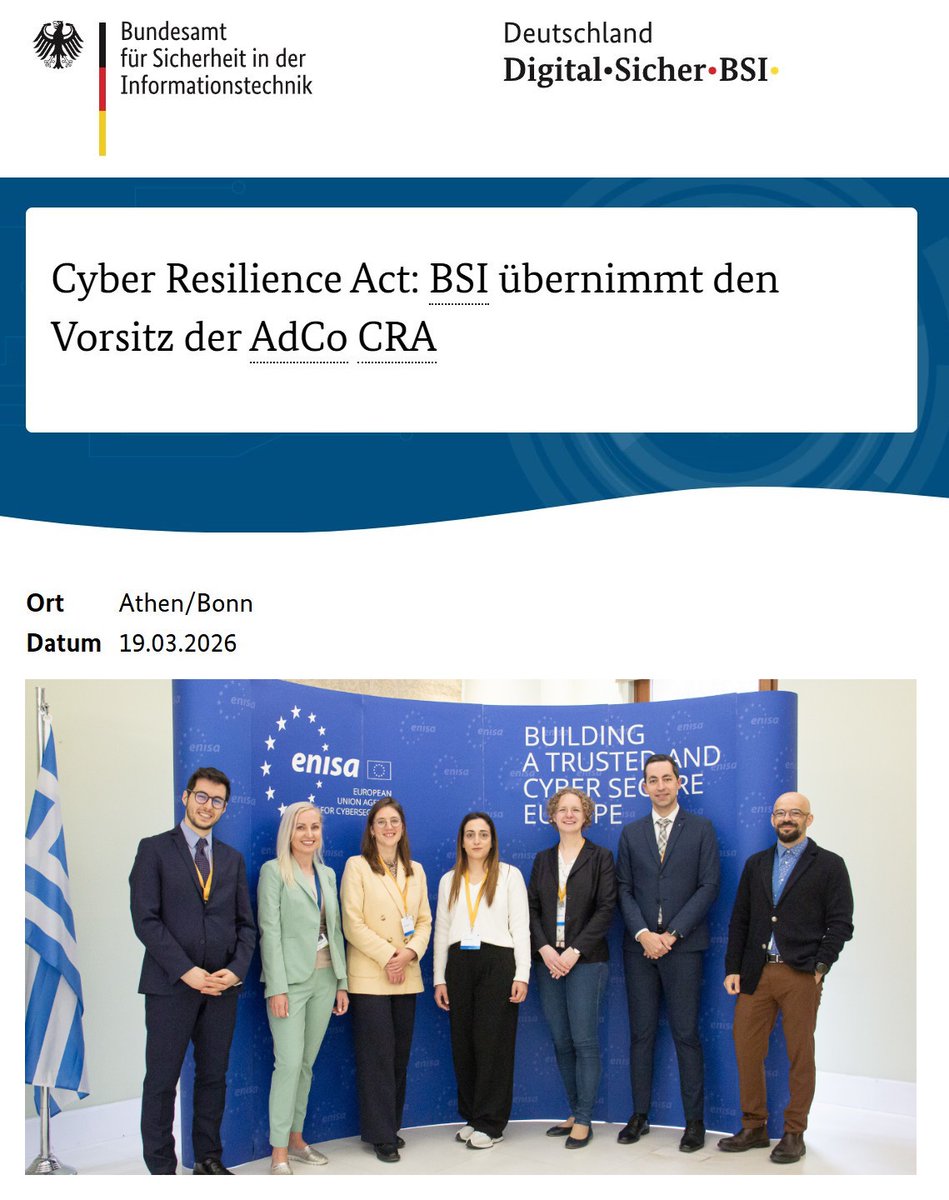 Dennis_Kipker's tweet photo. Das #BSI übernimmt den Vorsitz der "Administrative Cooperation Group" (#AdCo #CRA), dem europäischen Koordinierungsgremium für die Marktüberwachung zum #EU CRA. AdCo stellt sicher, dass der CRA einheitlich ausgelegt und umgesetzt wird:
https://t.co/FxVvM5nc1M #cybersecurity https://t.co/RxYEoBsq92