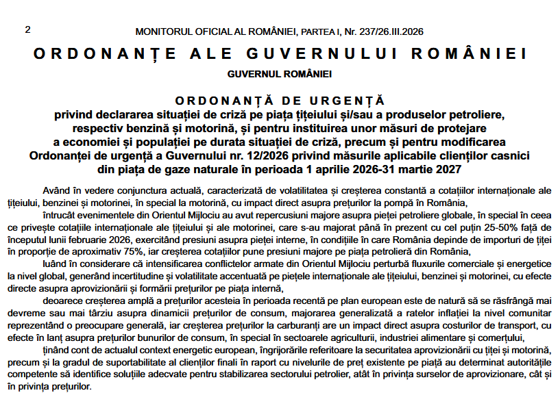 OUG nr. 19/2026 - declararea situației de criză pe piața țițeiului și/sau a produselor petroliere, respectiv benzină și motorină (restrictii adaos comercial) - cabinetexpert.ro/2026-03-27/oug…