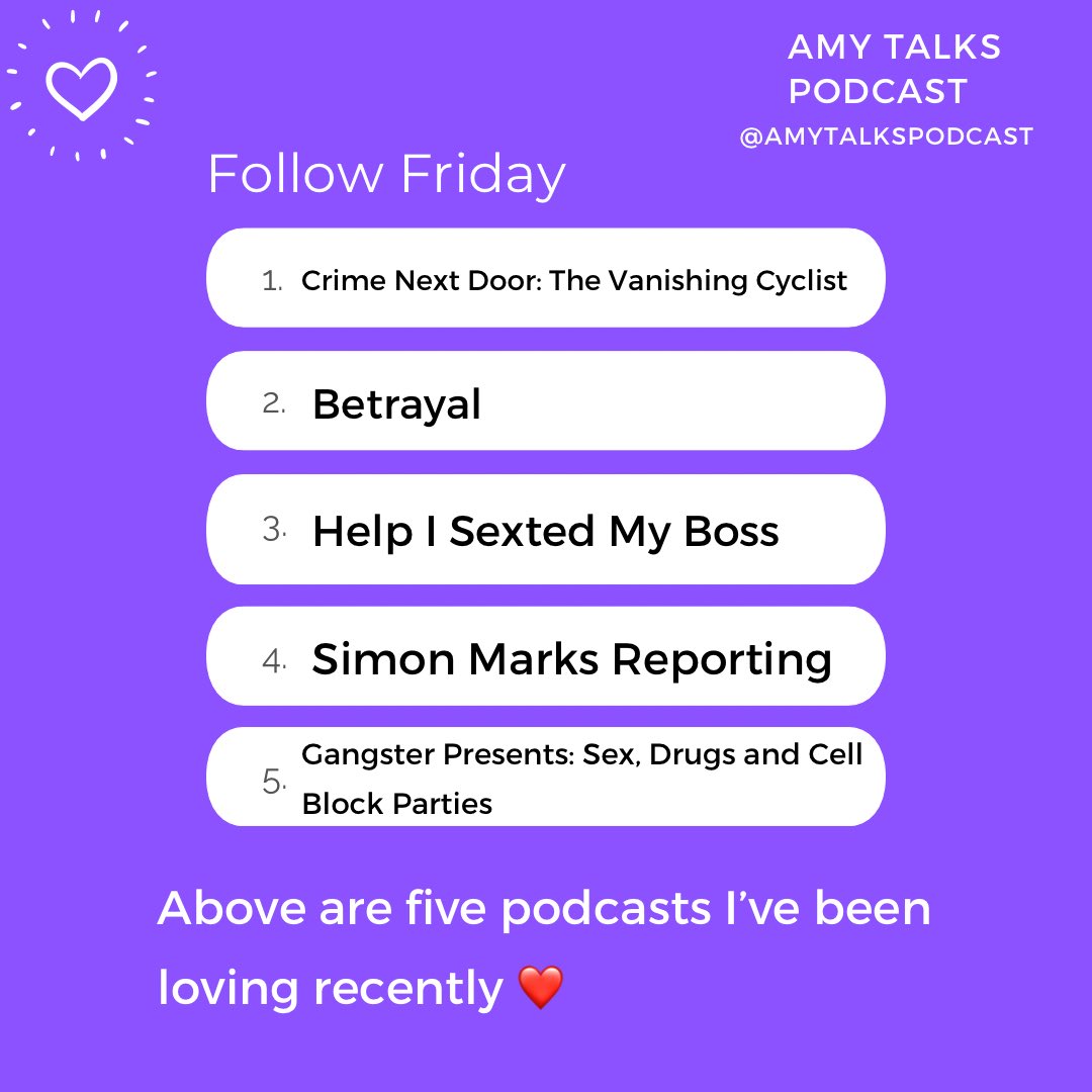 I’ve been listening to a few more <a href="/BBCSounds/">BBC Sounds</a> shows this week, and really enjoying them ☺️🎧

Here’s recommendations for this week’s #followfriday ⬇️

<a href="/williamhanson/">William Hanson</a> <a href="/SimonMarksFSN/">Simon Marks</a> <a href="/GlassPodcasts/">Glass Podcasts</a> <a href="/audioalways/">Audio Always</a> <a href="/sextedmyboss/">Help I Sexted My Boss</a>

#podcastrecommendations #podcastrecs