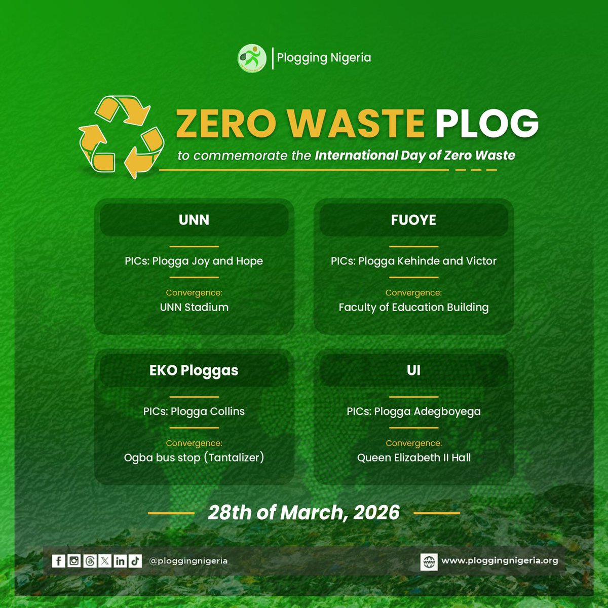 ploggingnigeria's tweet photo. Join us for the Zero Waste Plog 0οΈβ£ πββοΈπ§€ as we mark the #InternationalDayOfZeroWaste with not just awareness but also action.
Every step we take, every piece of waste we pick, brings us closer to a world of Zero Wastes.
#ZeroWastePlog
#PloggingNigeria
#WeKeepFitToKeepClean https://t.co/VZcJvhsQWy
