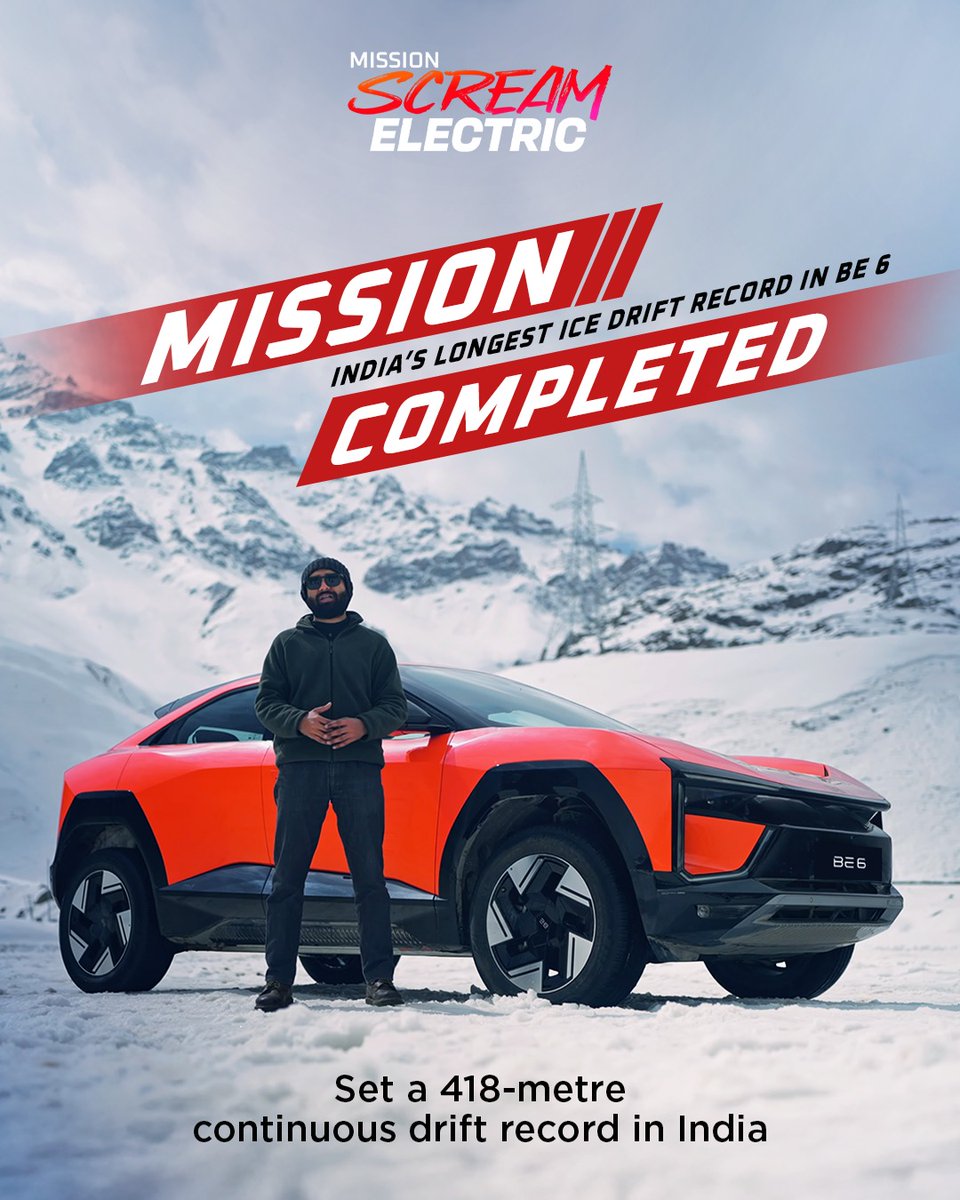 mahindraesuvs's tweet photo. BE 6 sets India’s longest ice drift - 418 metre.

Pulled off by @evoIndia at the Mission Scream Electric challenge in Drass, one of the coldest places in India.

No drama, no slip-ups, just complete control on ice.

#MissionScreamELectric #MahindraOriginElectricSUVs #BE6 https://t.co/VStHBMZMyS