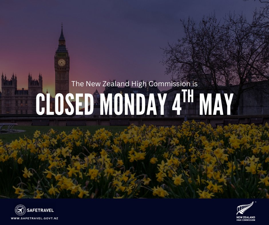 NZinUK's tweet photo. @NZinUK will be closed Monday 4th May, reopening Tuesday 5th May.

For Kiwis in the UK needing assistance, please phone the Consular Emergency Assistance number 0064 99 20 20 20.

https://t.co/B82OJSeppa
https://t.co/g00lAn6l8N https://t.co/a1OvlqDWr7