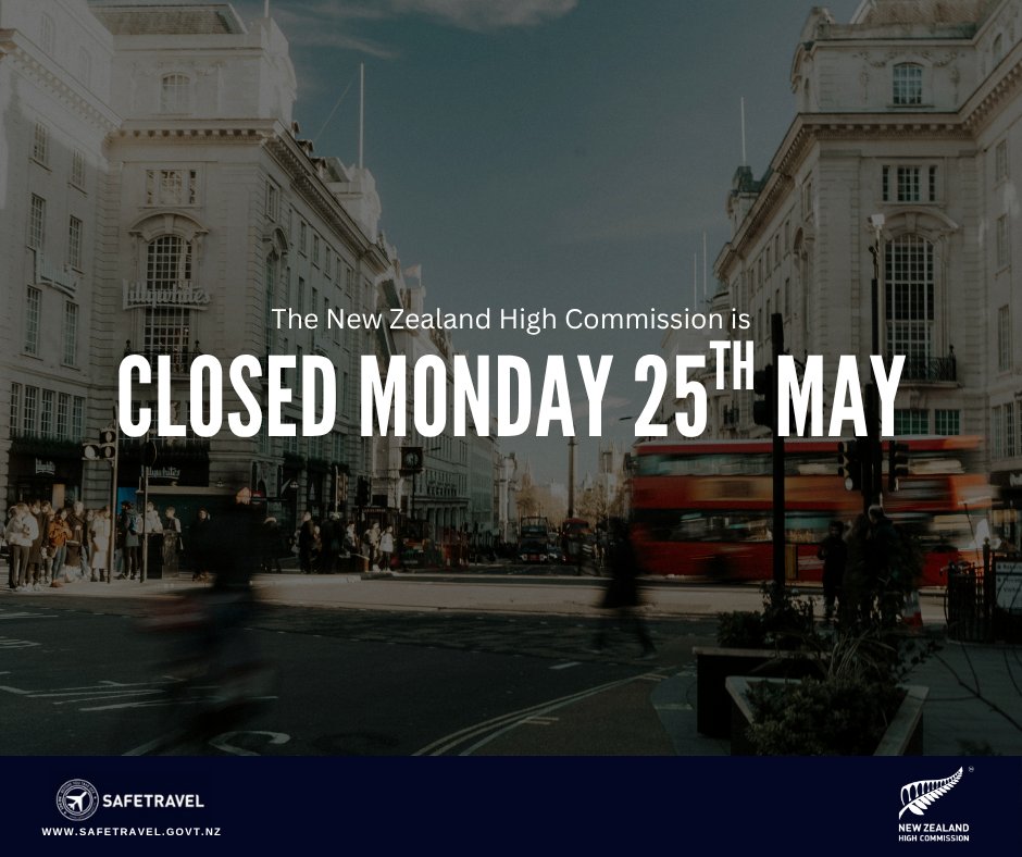 NZinUK's tweet photo. @NZinUK will be closed Monday 25th May, reopening Tuesday 26th May.

For Kiwis in the UK needing assistance, please phone the Consular Emergency Assistance number 0064 99 20 20 20.

https://t.co/B82OJSeppa
https://t.co/g00lAn6l8N https://t.co/Ye4kanBkVS