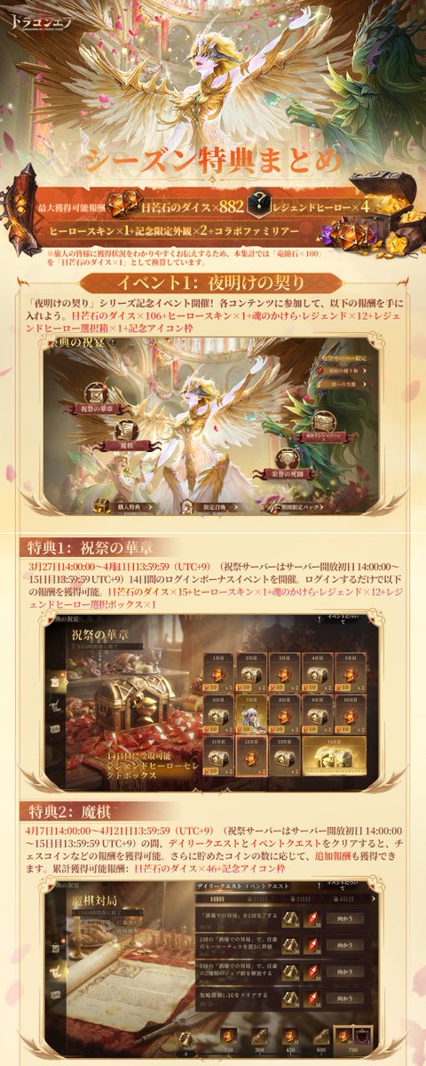 Dragonheir_JP's tweet photo. 🔥【新シーズン事前登録キャンペーン】限定グッズ＆ギフトコードをゲットしよう！🎁

旅人の皆様、超豪華報酬が目白押しの新シーズンがまもなく開幕します！
新たなる旅立ちに向けて、今すぐ事前登録を完了させ、豪華賞品をゲットしましょう✨

📅応募期間：
3月27日（金） ～ 4月6日（月）

🌟応募方法＆🎁報酬内容：
🎯$10相当のゲーム内ギフトコード（抽選で10名様）
➡️当アカウントをフォロー ＆ 事前登録完了のスクショをコメント！

🎯限定グッズボックス（抽選で1名様）＆ 限定Tシャツ（抽選で2名様）
➡️当アカウントをフォロー ＆ この投稿をリポスト！

👉 事前登録はこちらから：
https://t.co/phD6Mo5yUM

さらに、来たる新シーズンでは「最大882回召喚」という怒涛のボーナスが待ち受けています！
復帰プレイヤーなら追加で「最大700回召喚」を獲得可能！

🖼️すべての報酬スケジュールは下の画像をチェック👇
新シーズン開幕前に、最高のスタートダッシュを決める準備をお見逃しなく！

📥 今すぐダウンロード：
https://t.co/LlsZ943ytY

📚 攻略と実用テク満載の公式Wiki：
https://t.co/acUG4ehE4I

#ドラゴンエア
#ドラゴンエアサイレントゴッズ