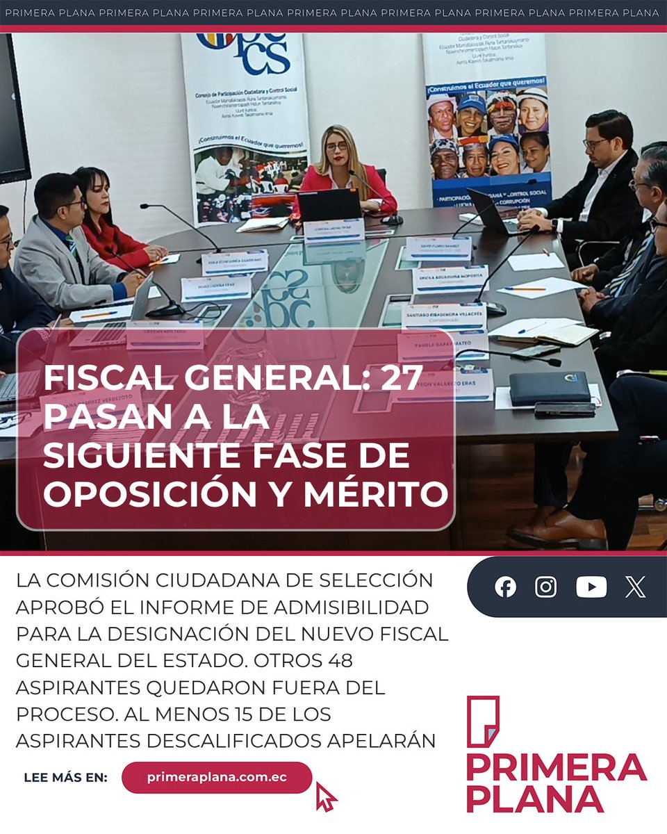 PrimeraPlanaECU's tweet image. 🚨 #ATENCIÓN | ¡Se reduce la lista! De 75 aspirantes a Fiscal General, solo 27 superaron el primer filtro de requisitos. ⚖️🇪🇨
Nombres como De la Gasca, Camacho y Macías siguen en carrera. 🧵👇

Lista completa aquí: primeraplana.com.ec/lista-admitido…

#Fiscalía #Justicia #Ecuador #Cpccs