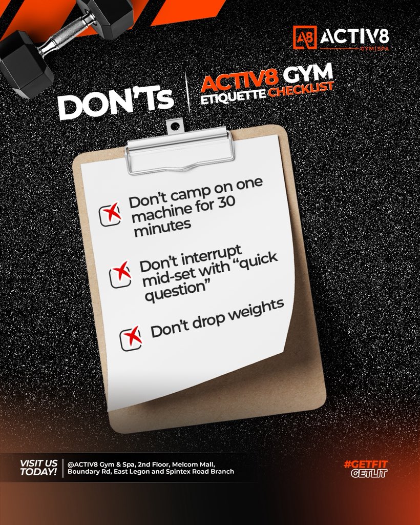 activ8ghana's tweet photo. ACTIV8 is more than a gym; it’s a community 💚
Let’s keep the space clean, respectful, and premium for everyone.

Which one do you think people forget the most? 👀
📞 Spintex – 059 395 9944 | East Legon – 053 109 0902

#GetFitGetLit #ACTIV8Community #GymEtiquette
#CleanGymCulture https://t.co/wseFLsGftl