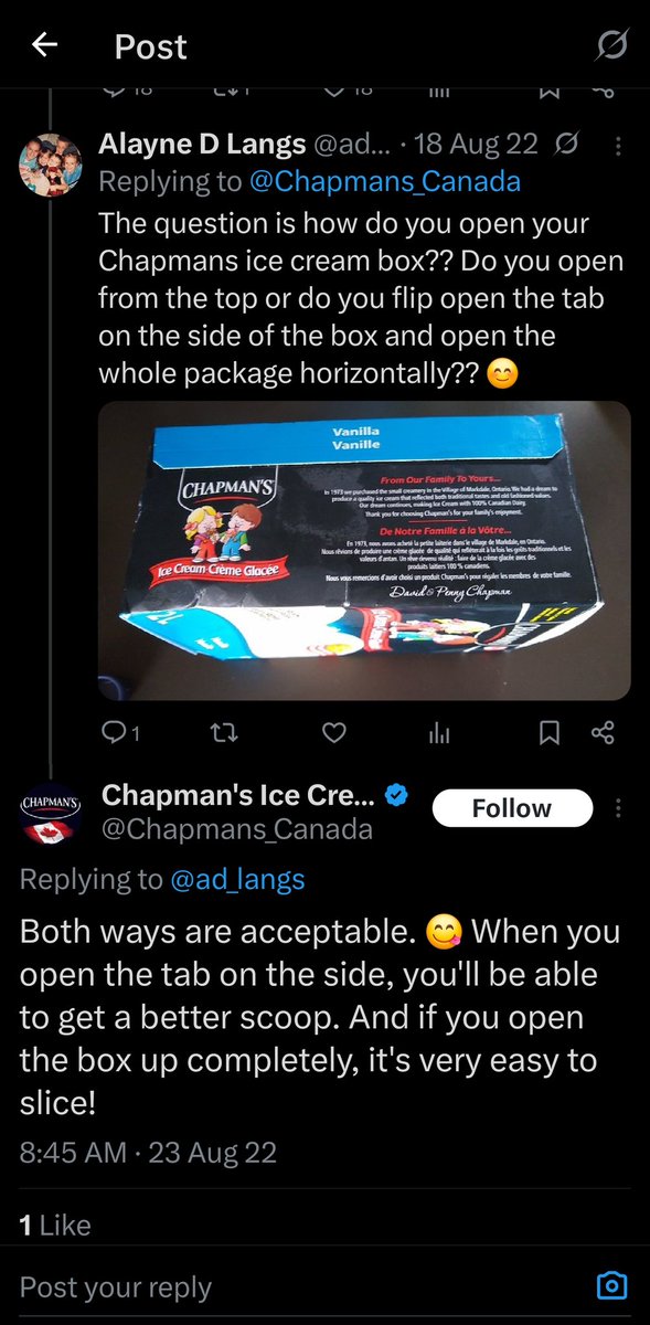 JediTyro's tweet photo. @pinkmagiclala @ReddCinema @Chapmans_Canada proved it isn't opened wrong, if opened horizontally it's f designed to unwrap so you can slice it. OP wasn't wrong if they wanted to scoop and reseal the carton to keep the rest frozen. https://t.co/DtEAmRIkEZ
