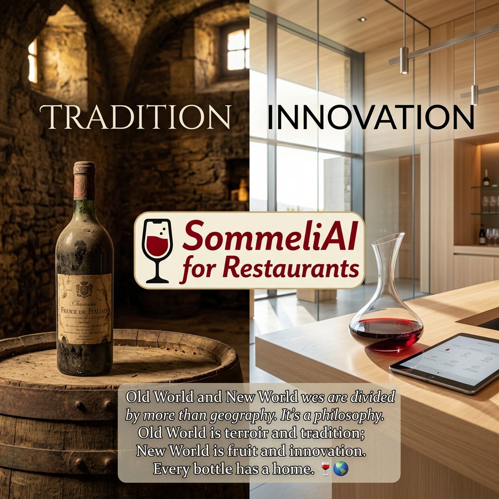 SommeliAI's tweet photo. Did you know that "Old World" and "New World" wines are divided by more than just geography? It's a philosophy of winemaking. Old World focuses on terroir, while New World leans into fruit and innovation. Every bottle has a home. 🍷🌍 https://t.co/EsOx0Sb8n5 https://t.co/AkLfF04GGM