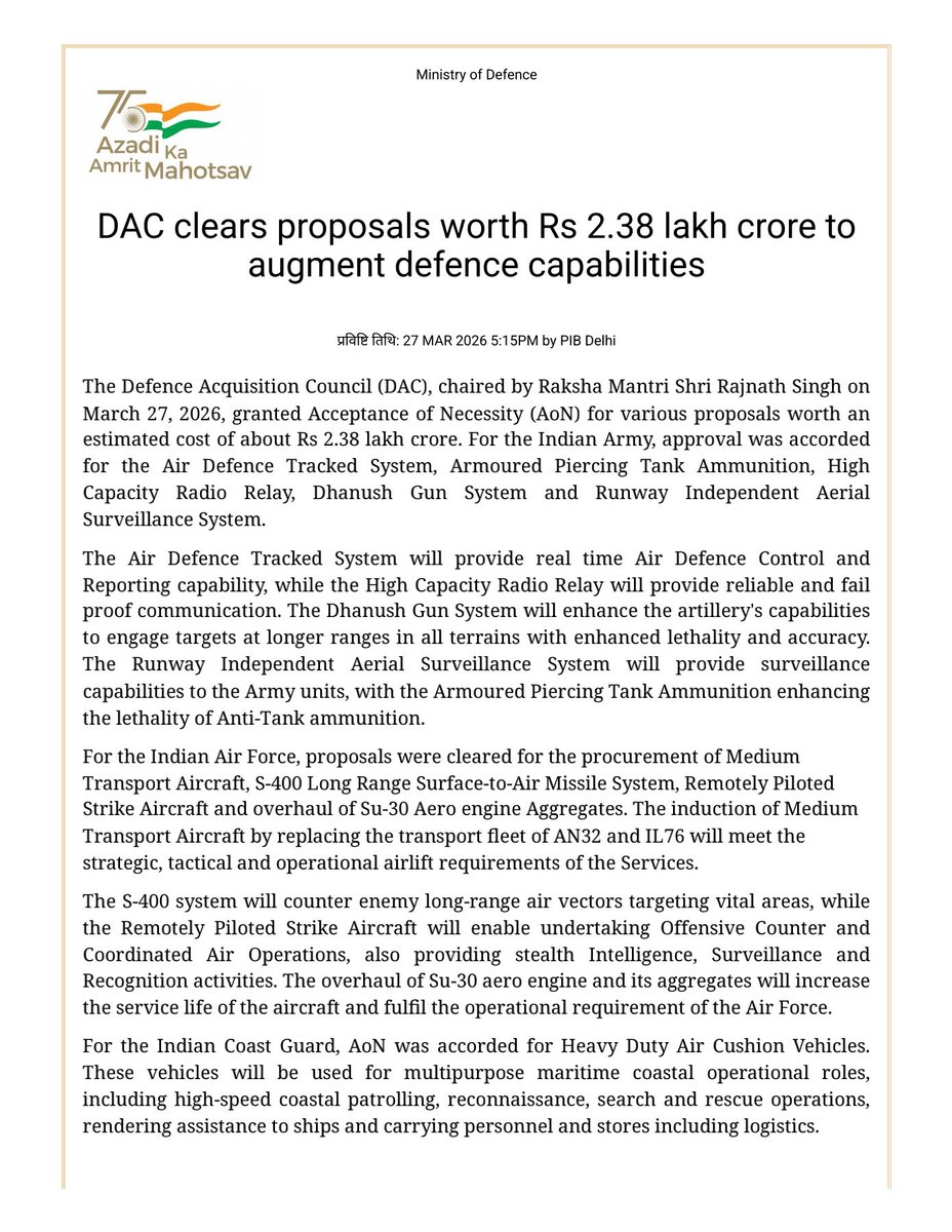 AjayshreeSamby3's tweet image. #BREAKING 
#DAC clears 2.38 lakh crore proposals including
🔸S-400 system 
🔸MTA to replace IL-76 and AN-32, 🔸Ghatak UCAV
🔸Dhanush towed artillery system 
🔸Air defence tracked Systems