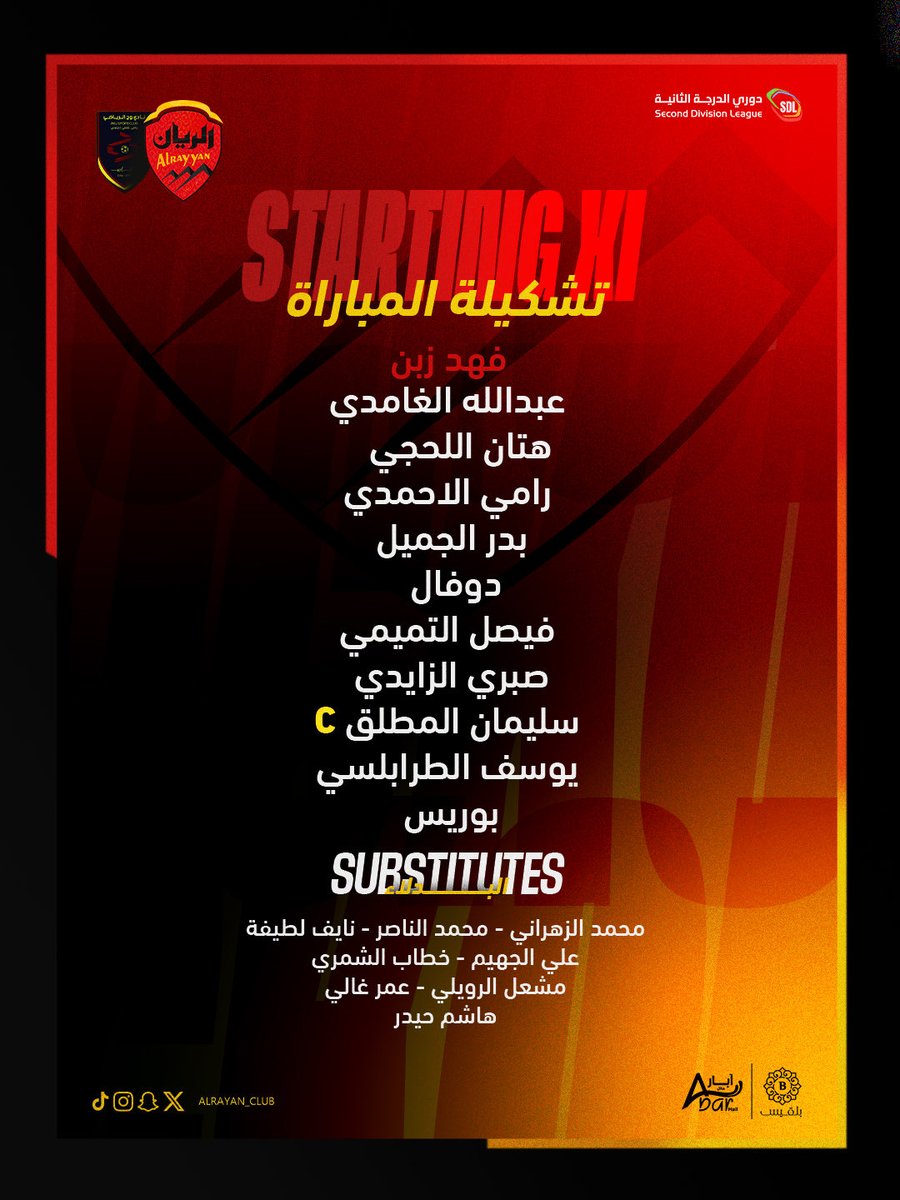 alrayan_club's tweet photo. 📋 قائمتنـا لمواجهـة "وج" في ⁦@SDL_SAUDI⁩ ❤️

⁧#الريان⁩ | ⁧#فارس_رمان⁩ 
⁧#الريان_وج ⁩ https://t.co/t4eC45ErqK