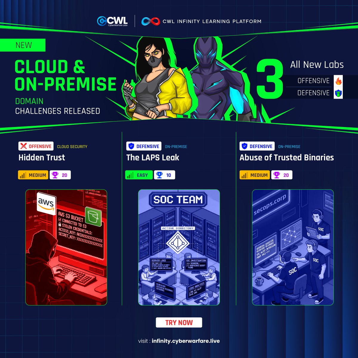 cyberwarfarelab's tweet photo. 3 New labs just dropped. 🚀 Cloud + On-Prem = Real att&ck & defense scenarios.
👉 Try now: https://t.co/6WSaSP3NuO
#CyberSecurity #CWL #InfinityLearning https://t.co/Jtqvn8DSo0