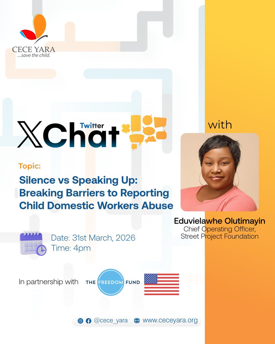 cece_yara's tweet image. Join us for an impactful X Chat as we unpack this topic with our guest.

In partnership with The Freedom Fund.

Set a reminder, join the conversation, and be part of the change. #ceceyara #childprotection