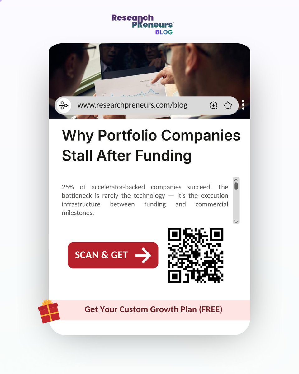 RESEARCHPRENEU's tweet image. 25% accelerator success rate. The bottleneck isn't the companies. It's the execution support after funding. 

Read why portfolio companies stall and what partners can do differently. 

rfr.bz/tfa26ac

#TechOrchestration #PortfolioSupport #FractionalExperts