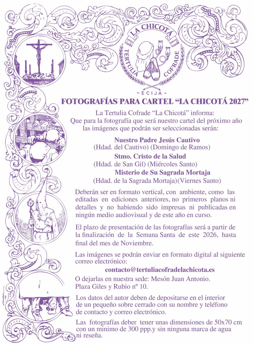 ChicotaEcija's tweet photo. 📸 FOTOGRAFÍAS PARA CARTEL “LA CHICOTÁ 2027”

La Tertulia Cofrade “La Chicotá” abre la convocatoria para elegir la imagen que anunciará nuestro cartel de 2027.

Buscamos fotografías que reflejen la esencia y el sentimiento de nuestra Semana Santa. https://t.co/RI266Al5Ct